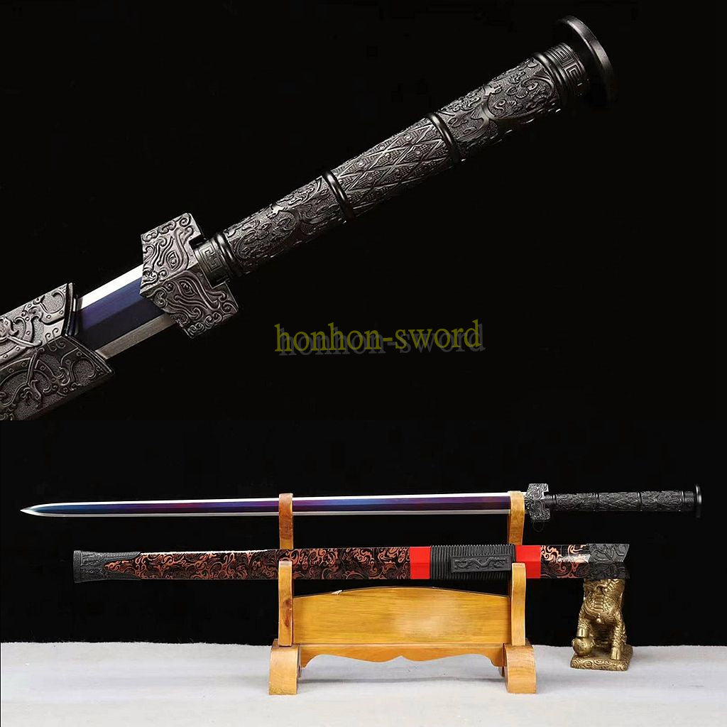 Épée chinoise Han Jian en acier à haute teneur en manganèse, lame bleue prête pour la bataille 