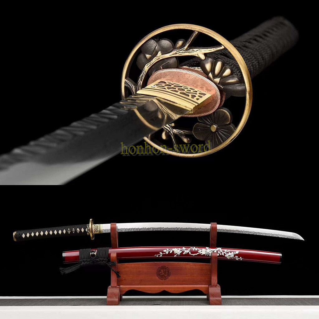 Damascus Folded Steel Katana Brass Tsuba Hammering Pattern Japanese Sa ...