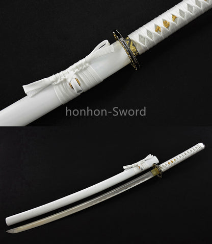 White Japanese Katana Carbon Steel Full Tang Samurai Sword Sharp Battle Ready