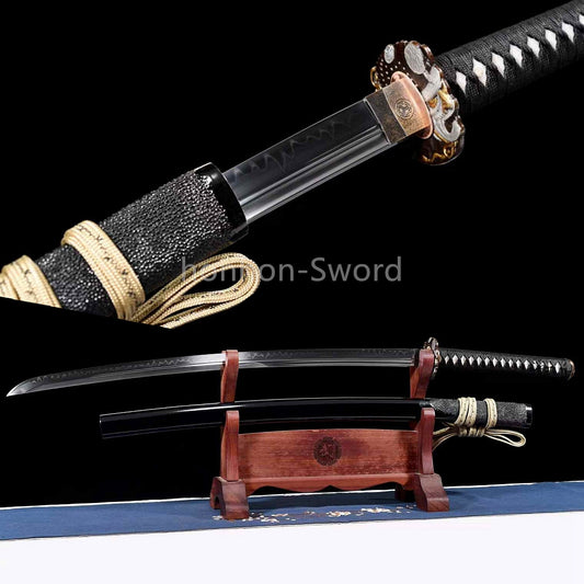 Japanisches Samurai-Schwert Katana aus schwarzem gefaltetem Stahl, Full Tang, handgefertigt, scharfe Klinge, schwarz 