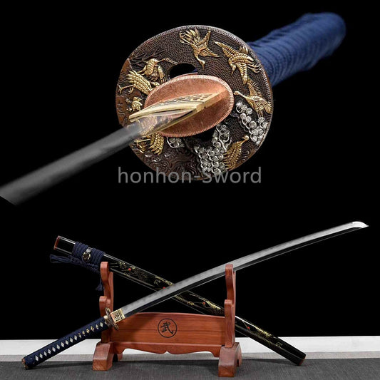 Japanisches Samurai-Schwert Katana aus schwarzem gefaltetem Stahl, Full Tang, handgefertigt, scharfe Klinge, schwarz 